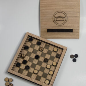 Wooden travel checkers game with lid off and a game in progress.