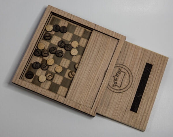 Self-contained wooden checkers game with slide-in lid halfway open revealing pieces inside.