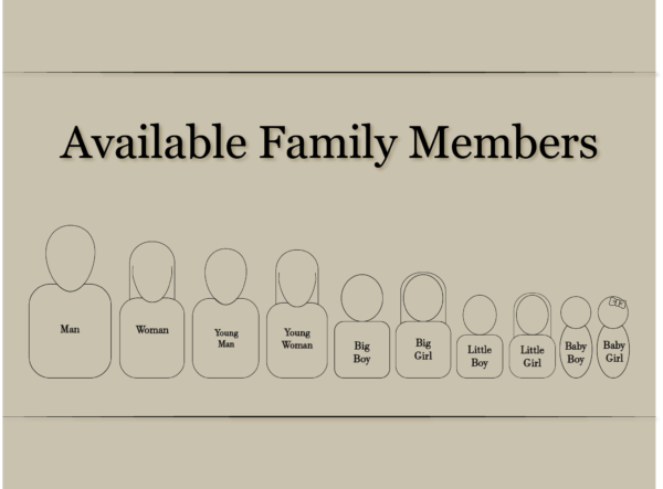 Digital illustration of available family members, including: Man, Woman, Young Man, Young Woman, Big Boy, Big Girl, Little Boy, Little Girl, Baby Boy, Baby Girl