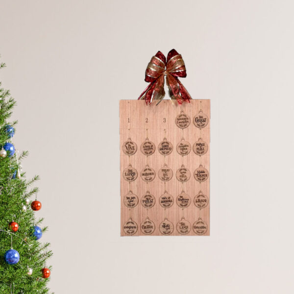 Wooden Advent calendar hanging on a wall, with ornaments featuring the names of Jesus Christ.