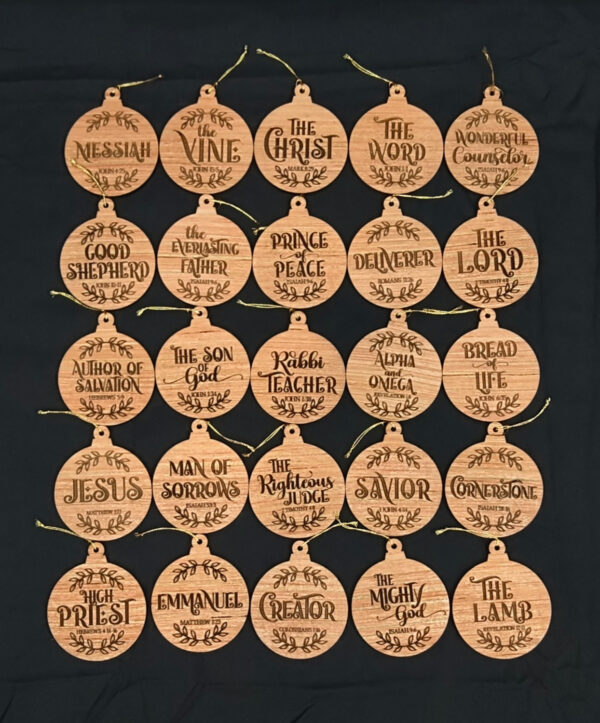 25 Wooden Christmas ornaments featuring the names of Jesus Christ