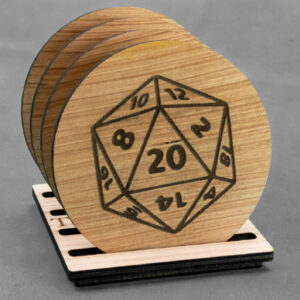 Set of 4 laser engraved wood coasters on a stand. Visible coaster features a D-20 die.