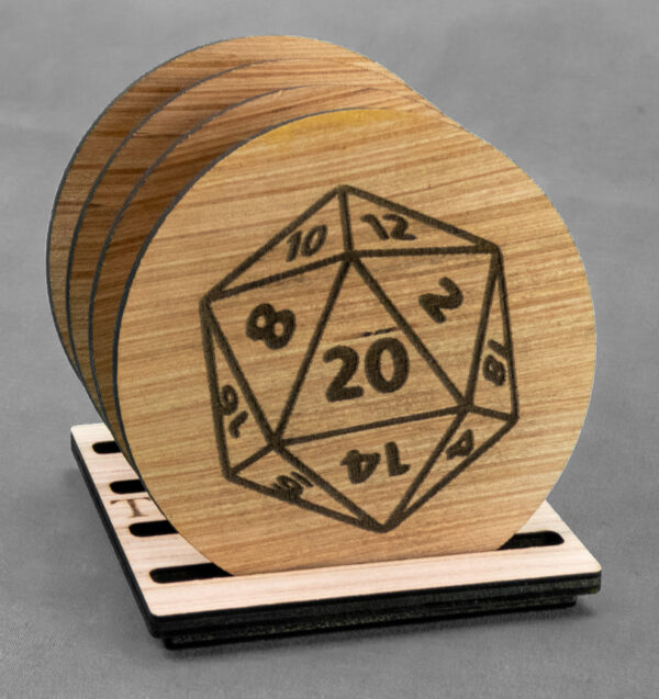 Set of 4 laser engraved wood coasters on a stand. Visible coaster features a D-20 die.