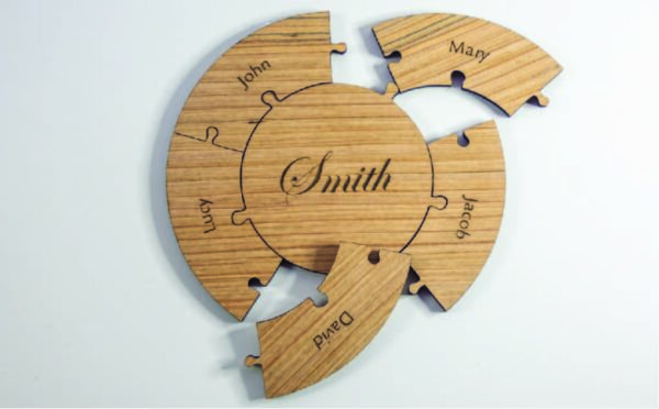 Round wooden puzzle, laser engraved with the name smith on the center piece. 5 edge pieces surround the central piece, each engraved with a first name. Puzzle is partially assembled.