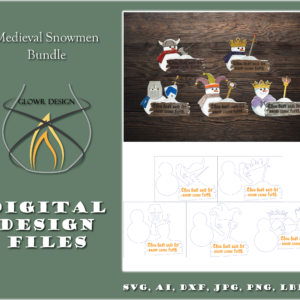 Finished Medieval Snowmen, and a digital design image, with file formats listed.