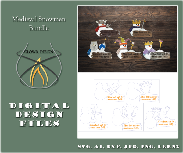 Finished Medieval Snowmen, and a digital design image, with file formats listed.