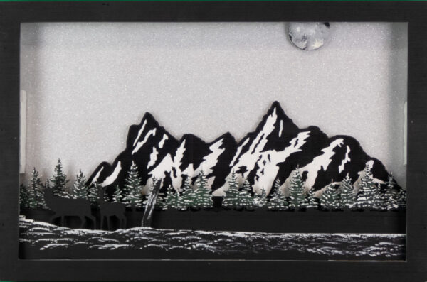 Beautiful 3d lightbox featuring a snowy mountain scene with a glittery white background. Light is turned off.