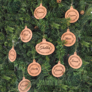 Set of personalized name ornaments, including nine round name ornaments and one wide oval last name ornament, hung on pine boughs.