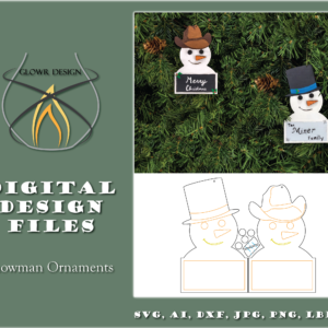 Finished Classic and Cowboy ornaments hung on pine boughs, and a digital design image, with file formats listed.