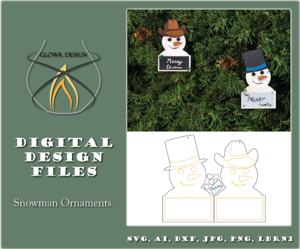 Finished Classic and Cowboy ornaments hung on pine boughs, and a digital design image, with file formats listed.